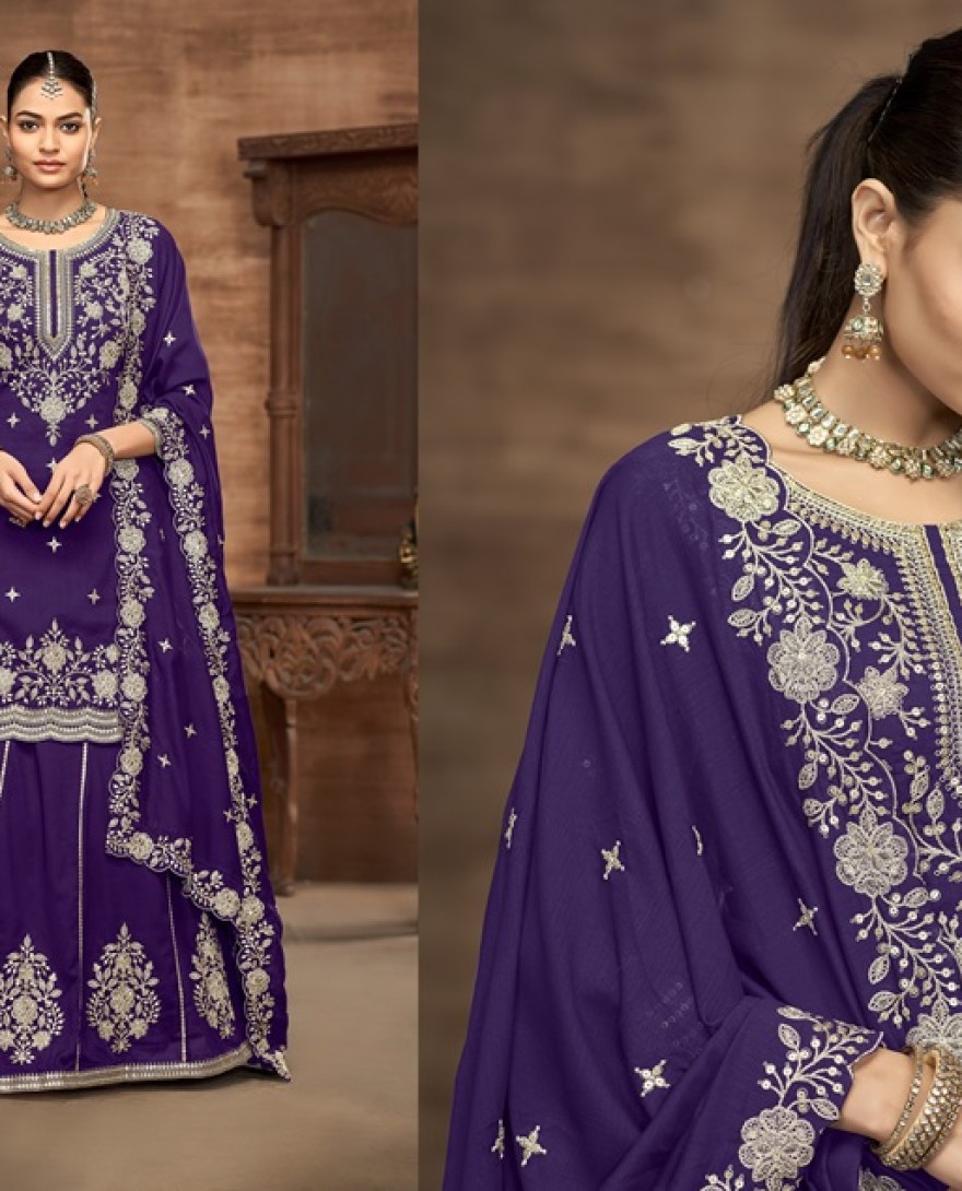 226-purple - Purple Embroidered Traditional Sharara Style Suit.